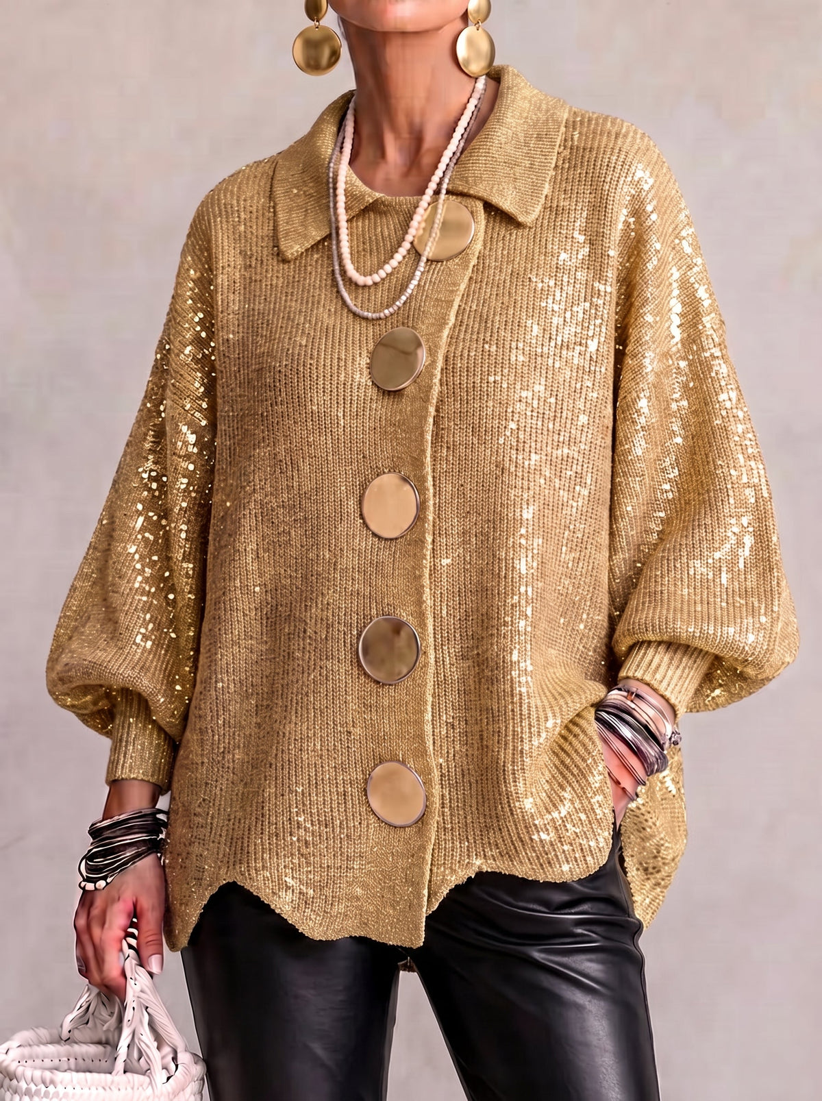 Collared Oversized Metal Button Balloon Sleeve Cardigan 6