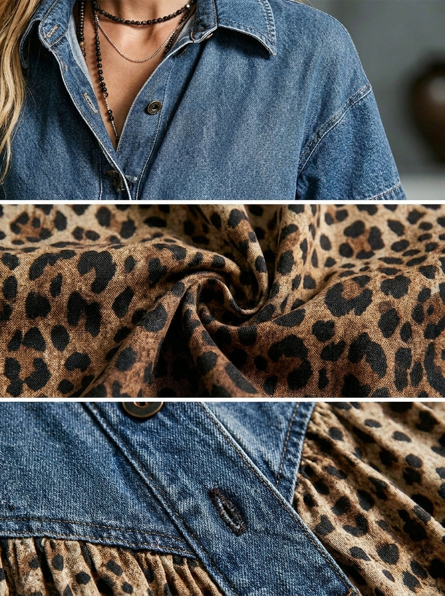 Brown Collared Denim Spliced Leopard Print Short Sleeve Maxi Dress 3