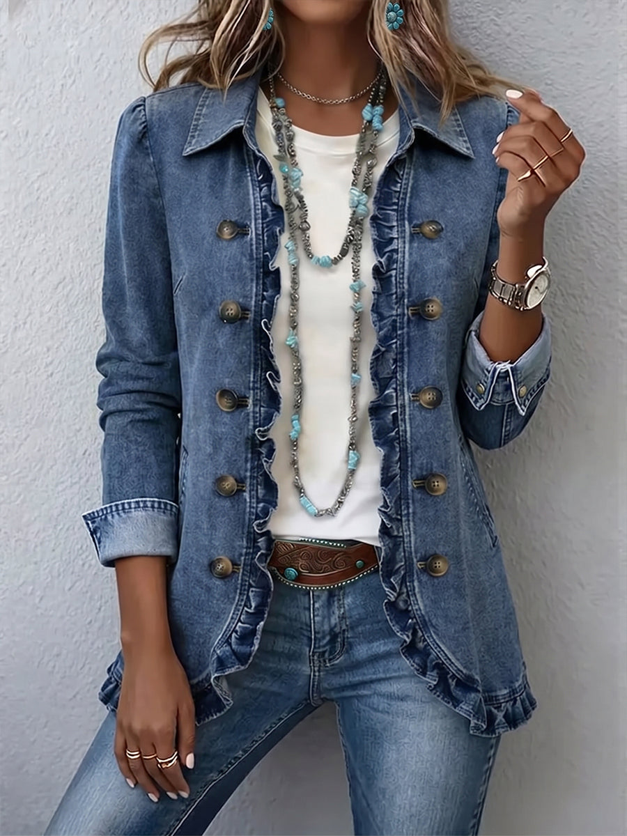 Medium Blue Collared Denim Ruffle Trim Button-Front Long Sleeve Jacket