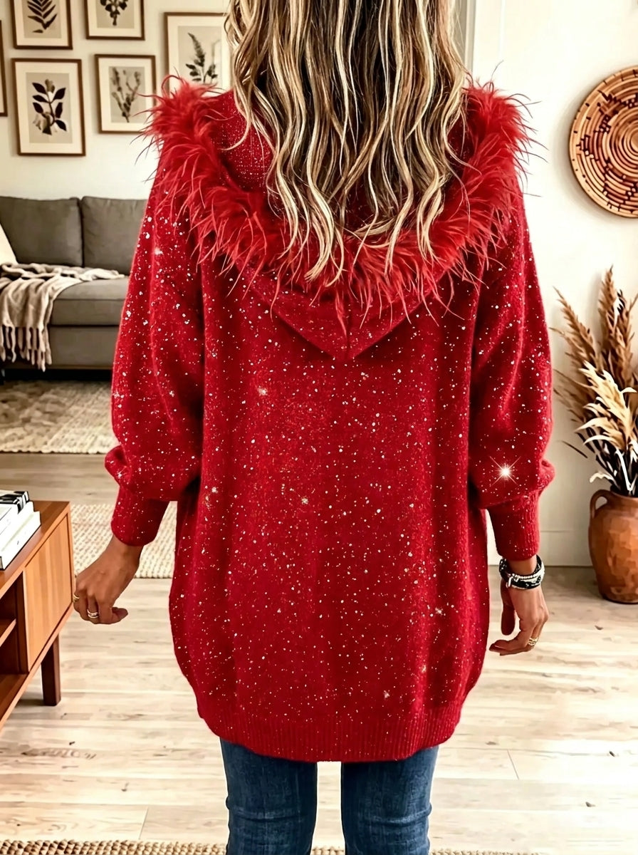 Red Feather Trim Glitter Knit Longline Duster Cardigan 2