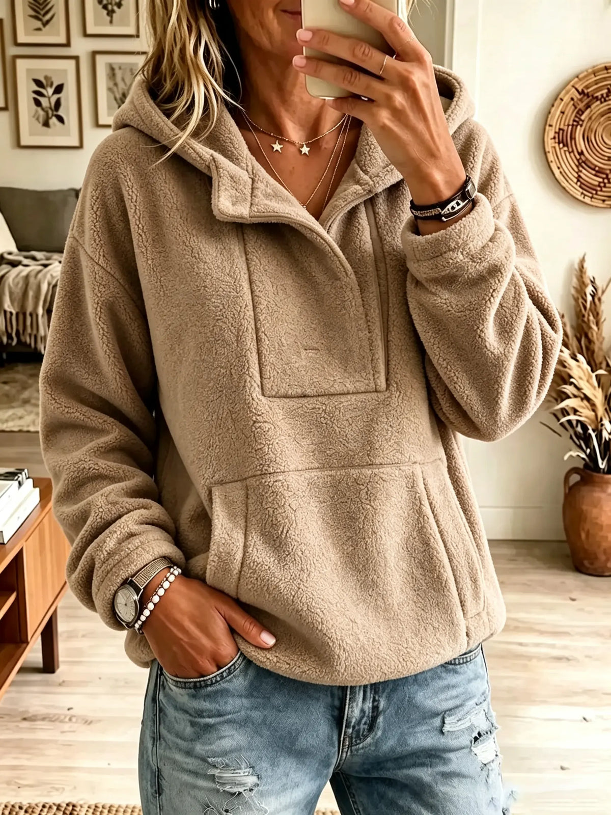 Hooded Half-Zip Kangaroo Pocket Teddy Fleece Pullover