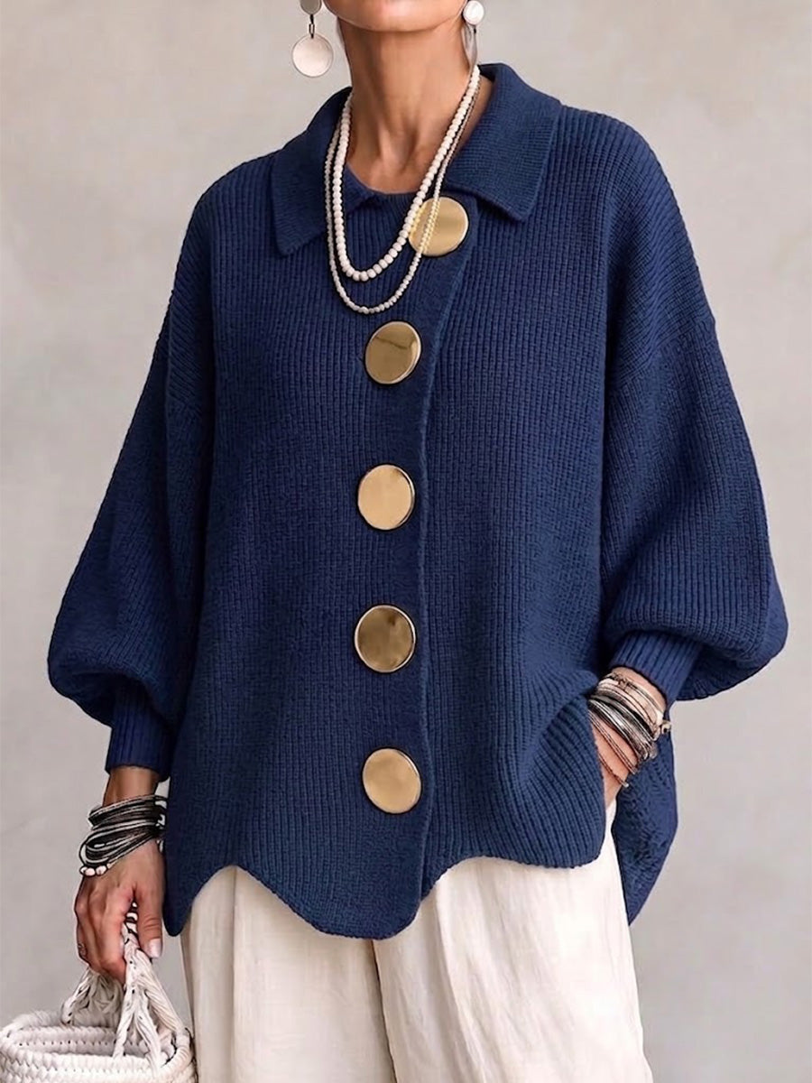 Collared Oversized Metal Button Balloon Sleeve Cardigan