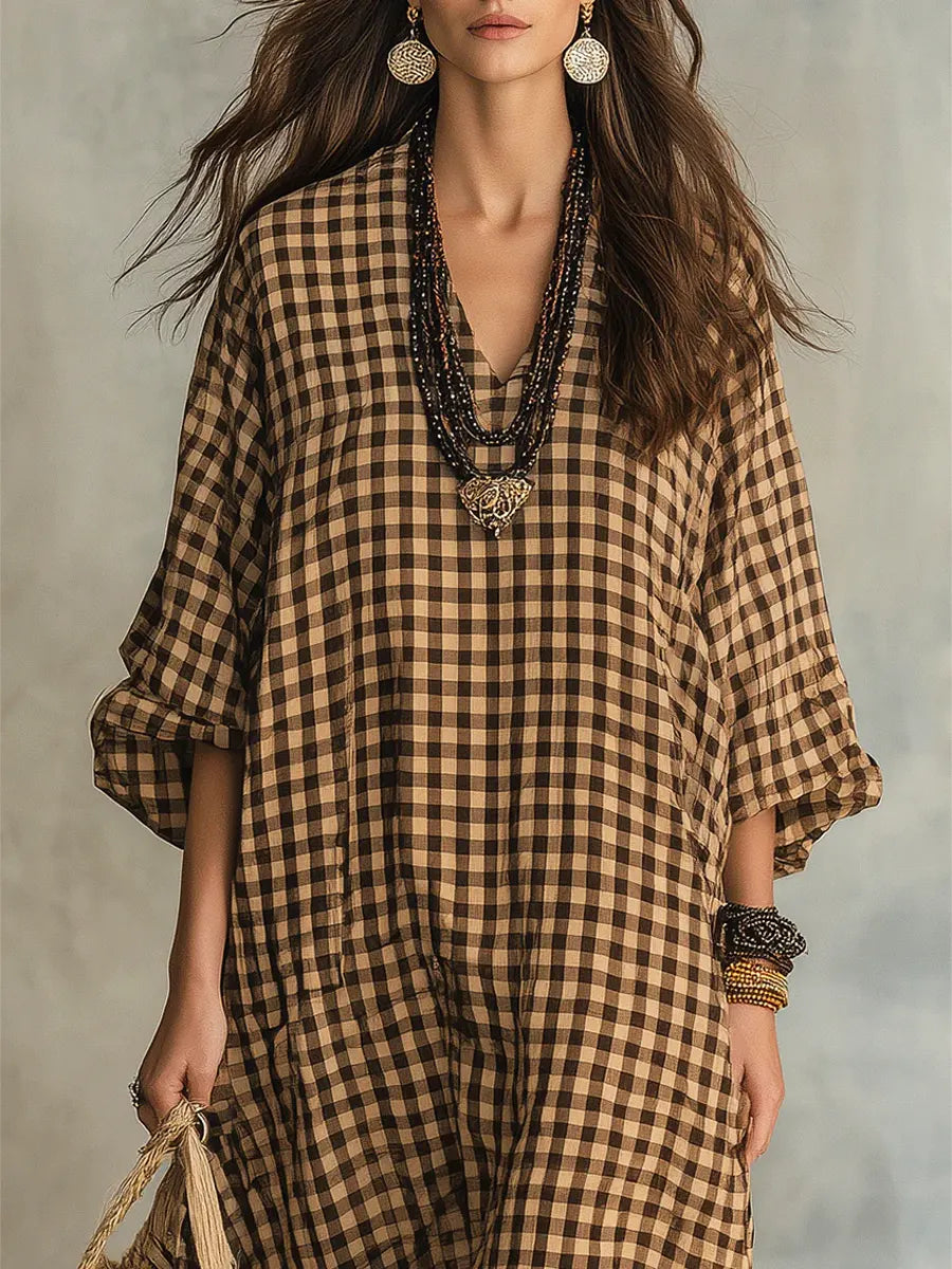 V-Neck Long Sleeve Gingham Check Linen Loose Maxi Dress 2
