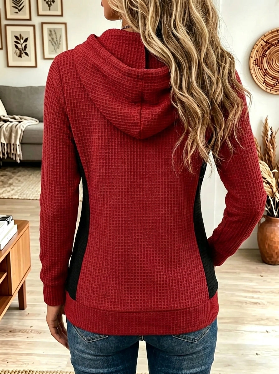 Red Waffle Knit Colorblock Drawstring Kangaroo Pocket Hoodie 2