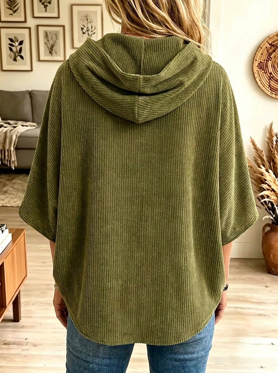 Green Asymmetric Collar Single Button Wrap Front Corduroy Poncho Top 2