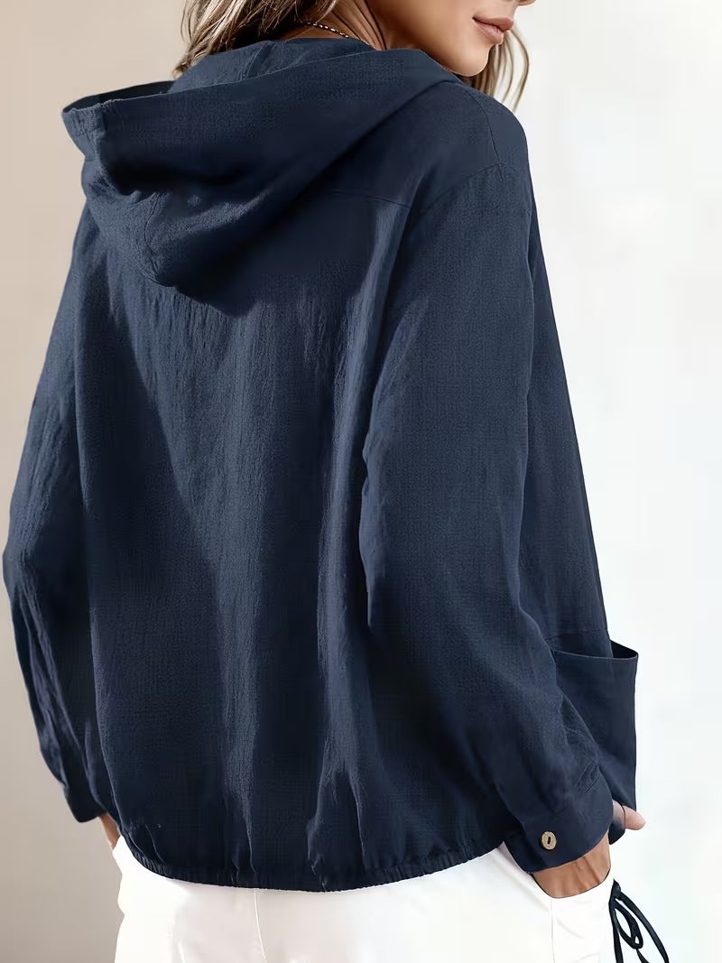 Hooded Button Front Drawstring Hem Patch Pocket Lightweight Jacket 2