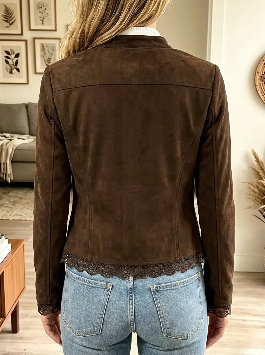 Brown Round Neck Scalloped Lace Trim Open Front Suede Jacket 2