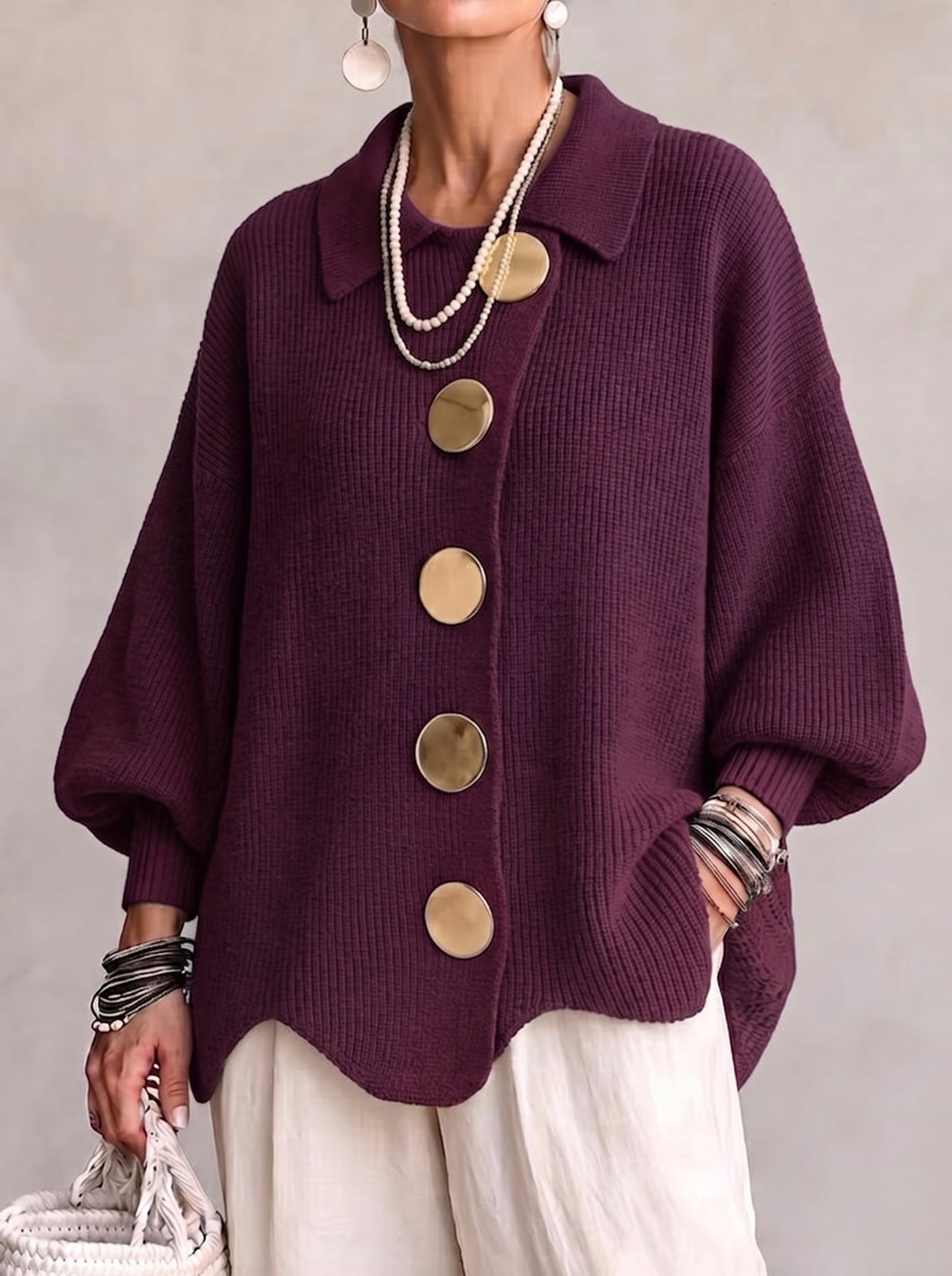 Collared Ribbed Knit Gold Button Lantern Sleeve Oversized Cardigan 3