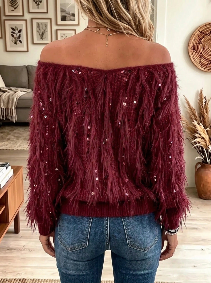Burgundy Off-Shoulder Faux Feather Fringe Sequin Long Sleeve Knit Sweater 2