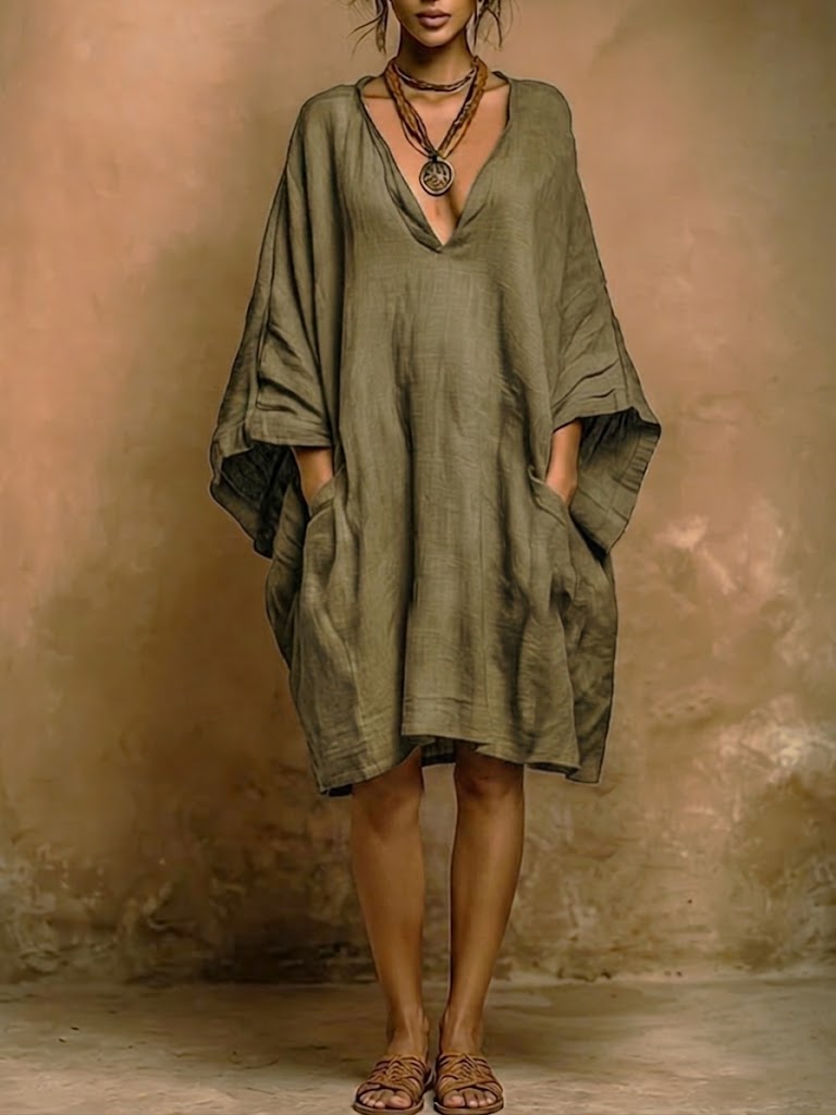 V-Neck Batwing Sleeve Oversized Linen Shift Midi Dress