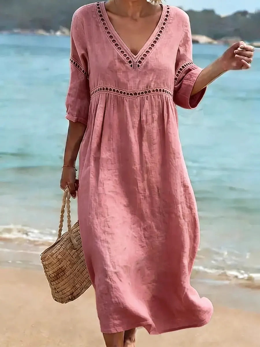 V-Neck Crochet Lace Trim Half Sleeve Loose Cotton Maxi Dress 4