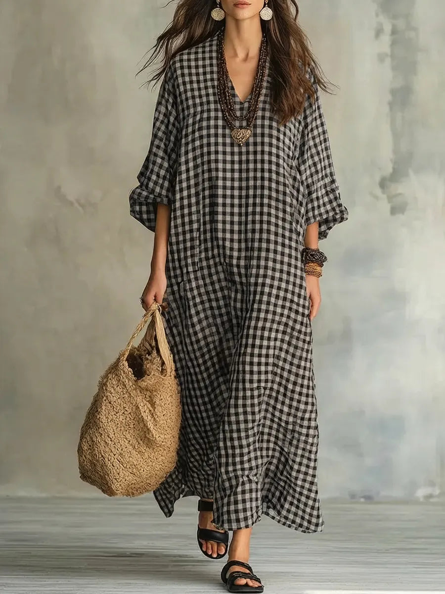 V-Neck Long Sleeve Gingham Check Linen Loose Maxi Dress 4