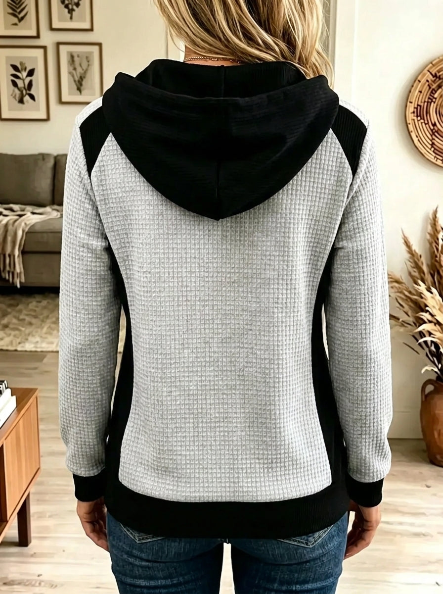 Grey Hooded Quarter Zip Colorblock Waffle Knit Long Sleeve Sweatshirt 2