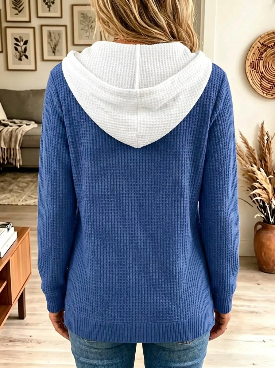 Royalblue Colorblock V-Neck Drawstring Waffle Knit Hoodie 2