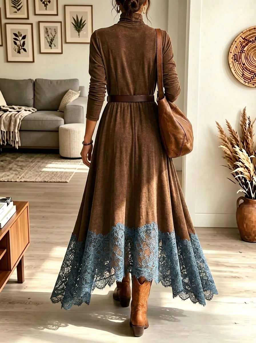 Brown Turtleneck Lace Hem Long Sleeve Faux Suede Maxi Dress 2