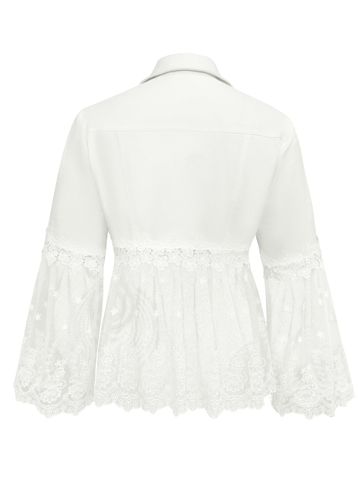 White Collared Floral Lace Mesh Panel Bell Sleeve Denim Jacket 6