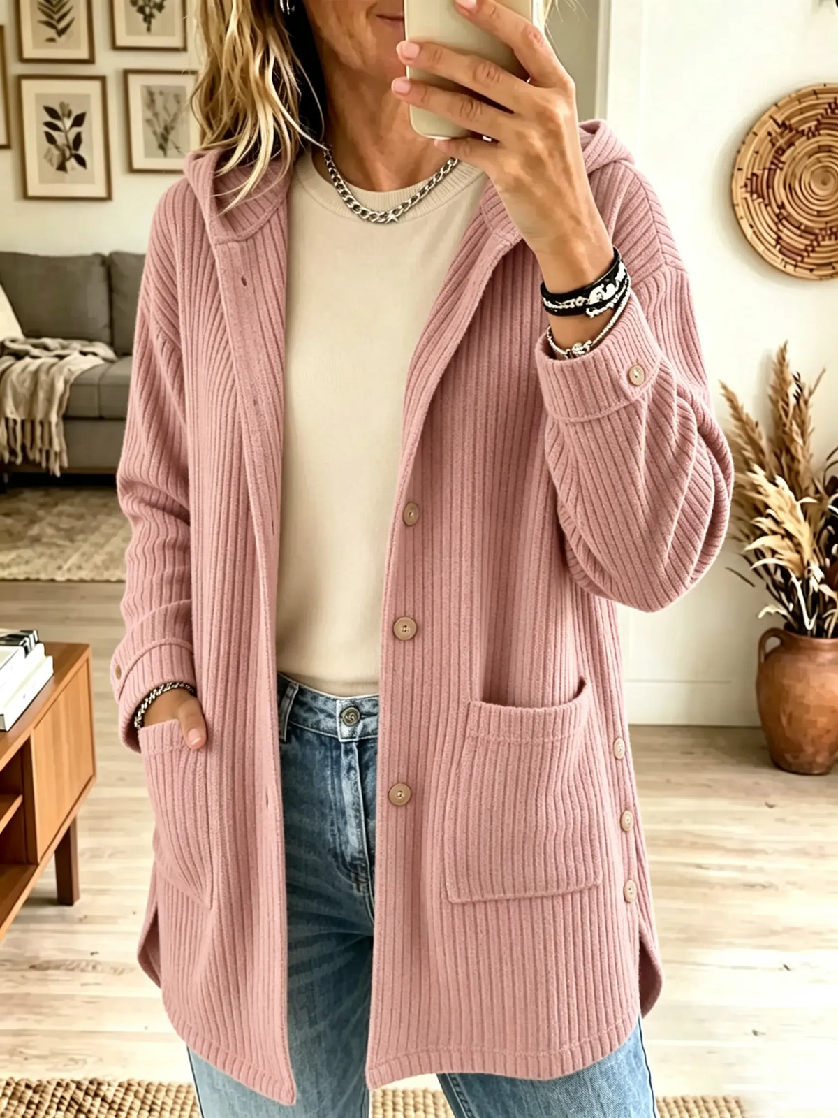 Hooded Button Front Patch Pocket Ribbed Longline Cardigan 4