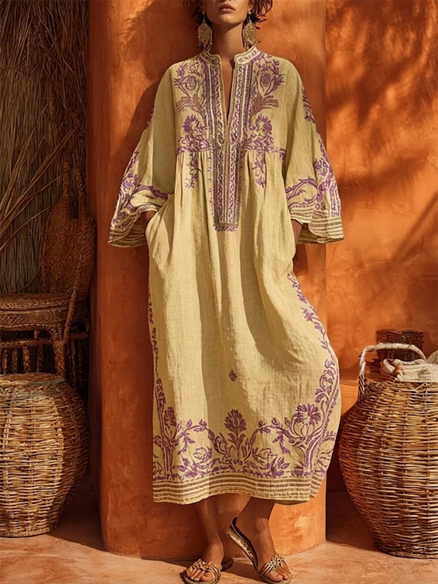 Split Neck Floral Embroidered Bell Sleeve Loose Linen Kaftan Maxi Dress 3