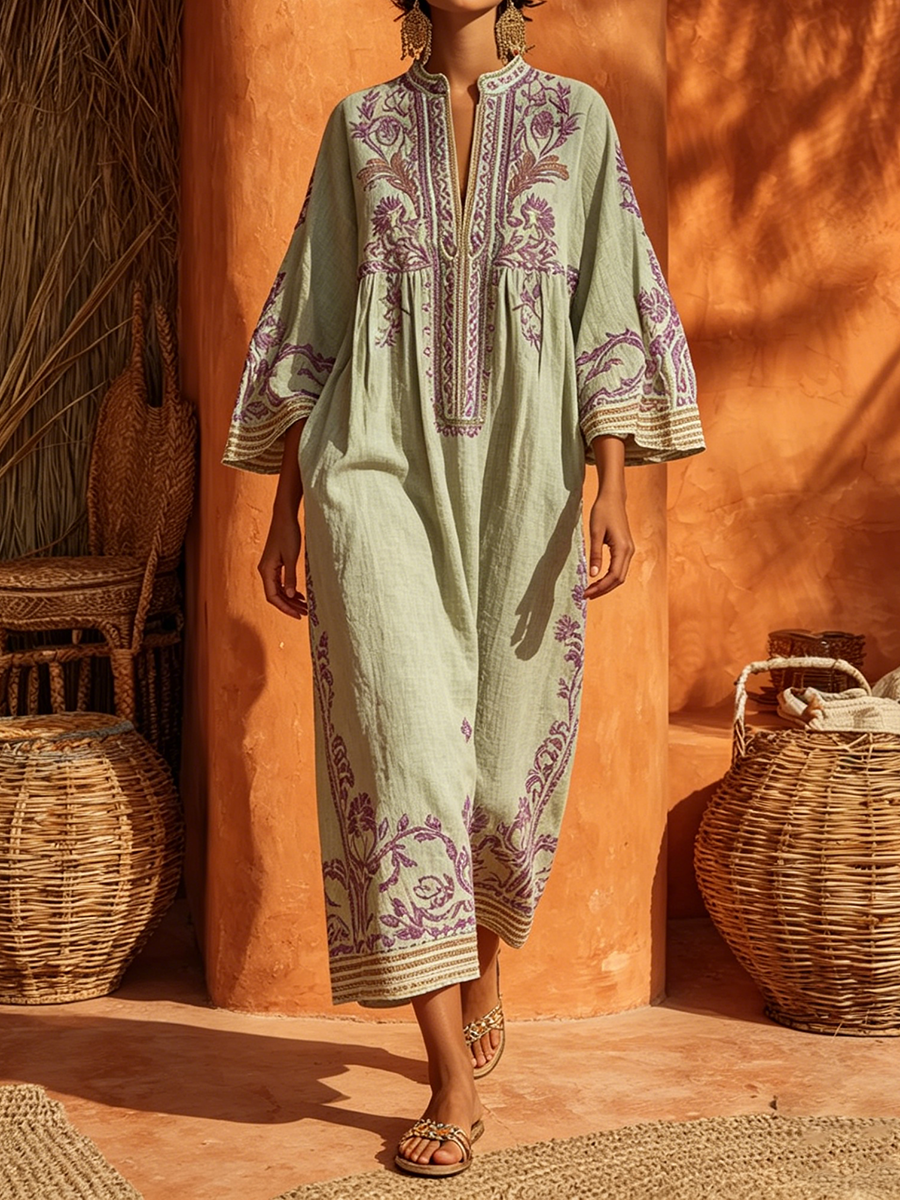 Split Neck Floral Embroidered Bell Sleeve Loose Linen Kaftan Maxi Dress 6
