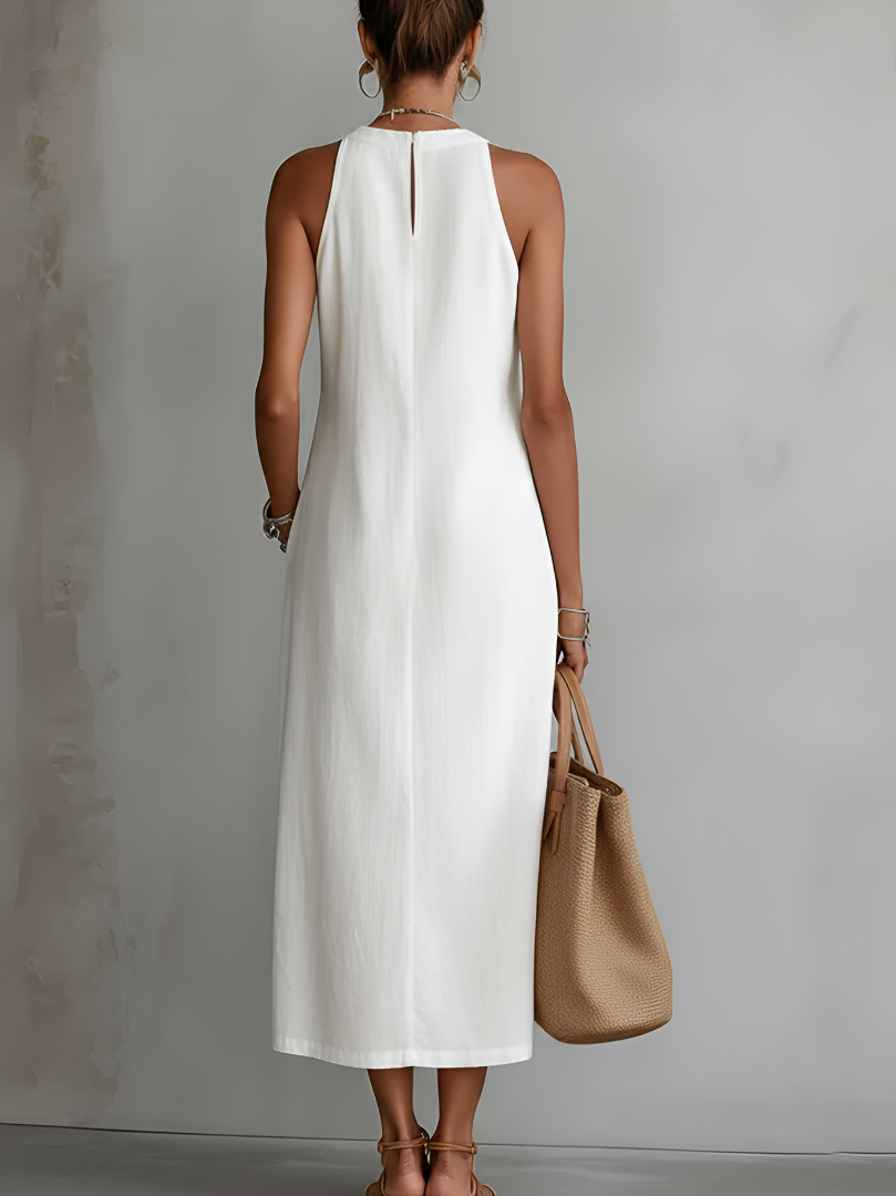Mock Neck Sleeveless Crochet Lace Panel Side Slit Maxi Dress