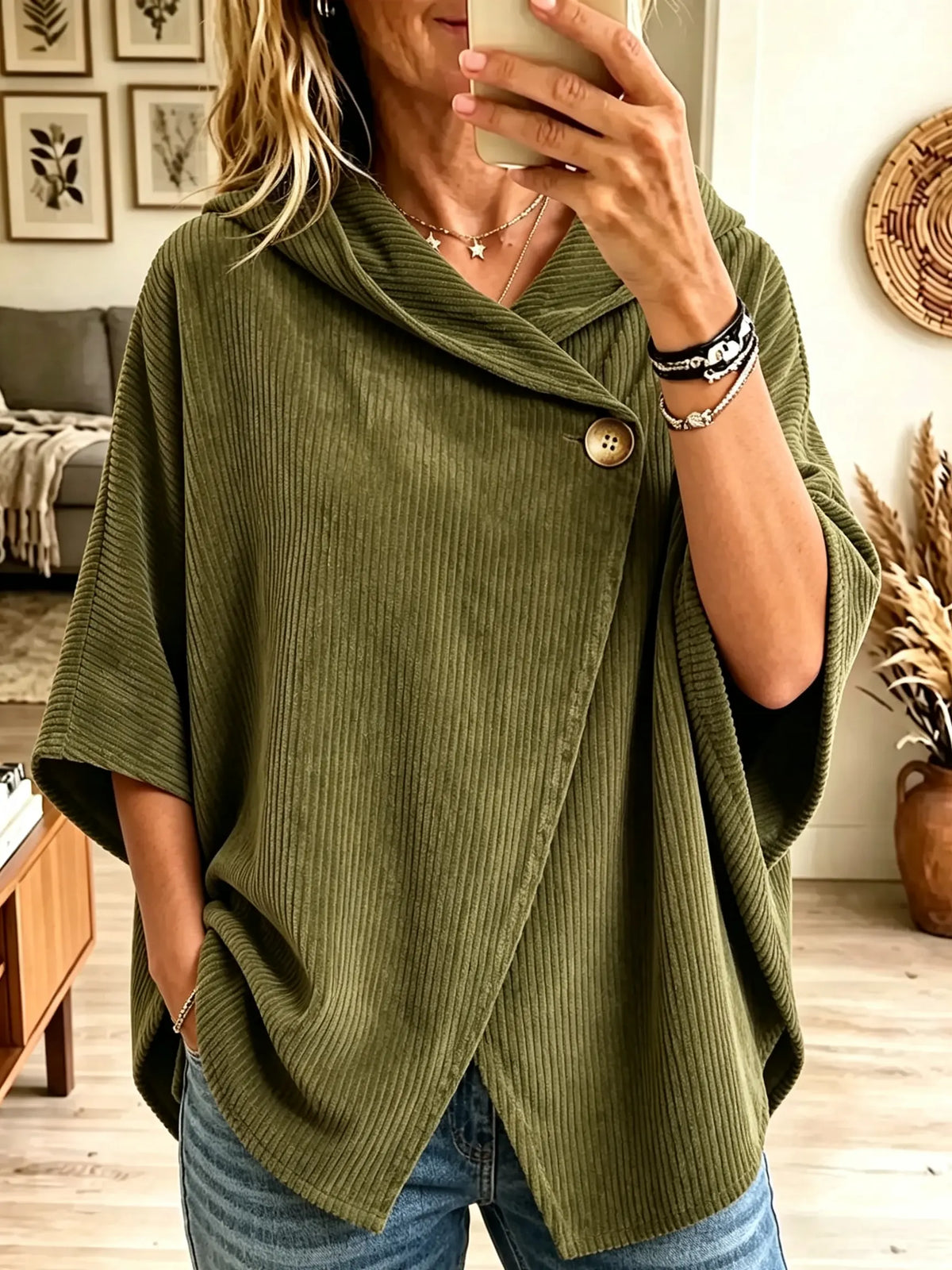 Green Asymmetric Collar Single Button Wrap Front Corduroy Poncho Top