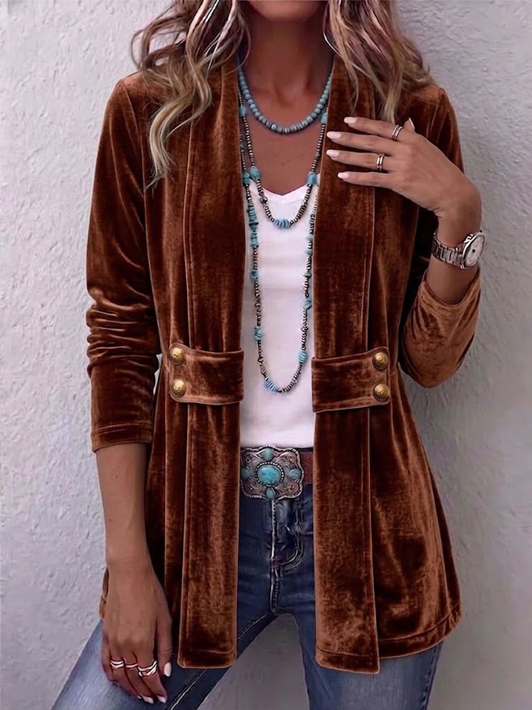 Lapel Collar Velvet Button Accent Open Front Jacket