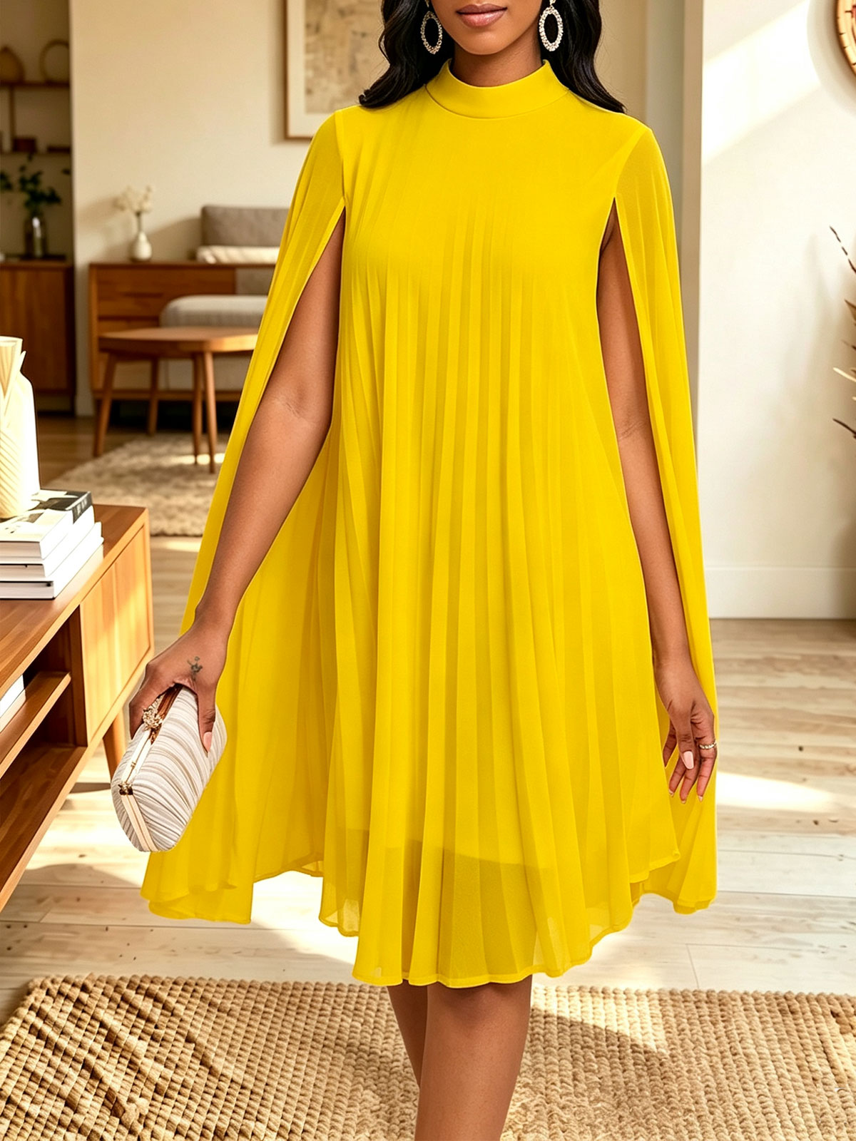 Mock Neck Cape Sleeve Pleated Chiffon Midi Dress