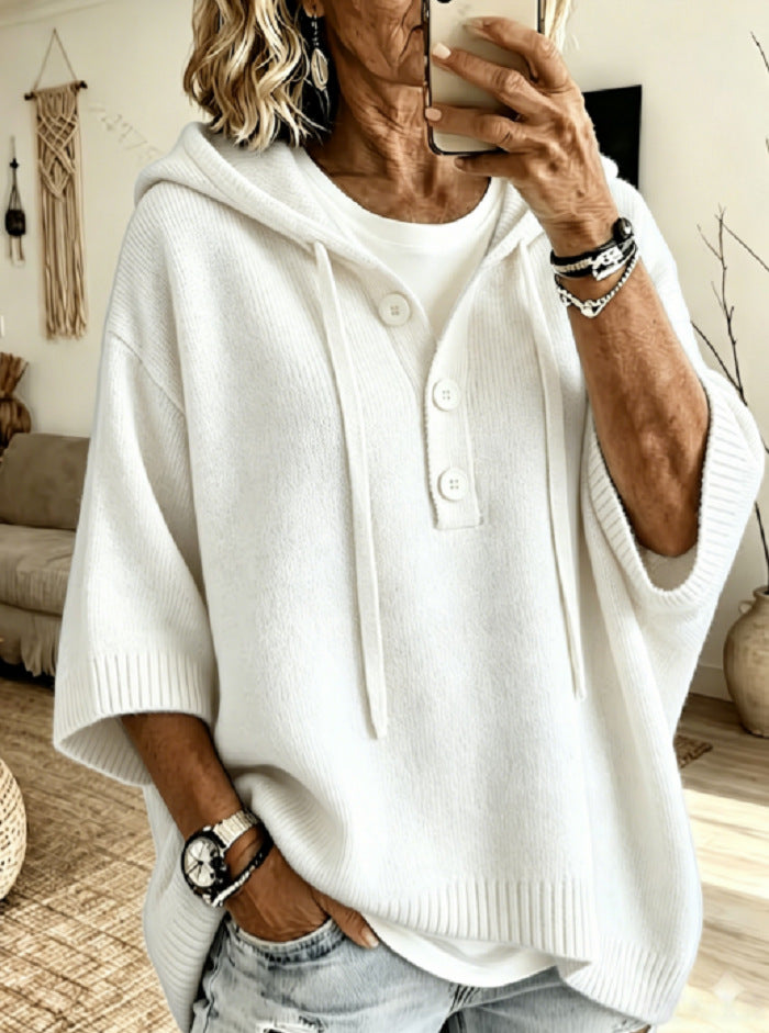 Hooded Half Button Batwing Sleeve Oversized Knit Sweater 7