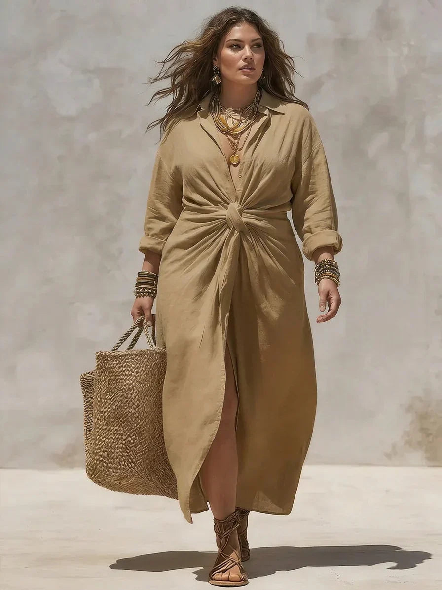 Collared Button Front Long Sleeve Linen Twist Knot Shirt Maxi Dress