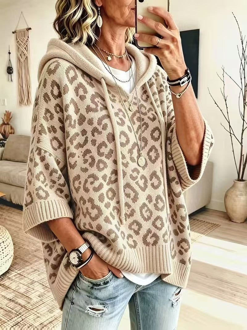 Hooded Leopard Print Drawstring Half Sleeve Knit Sweater 3