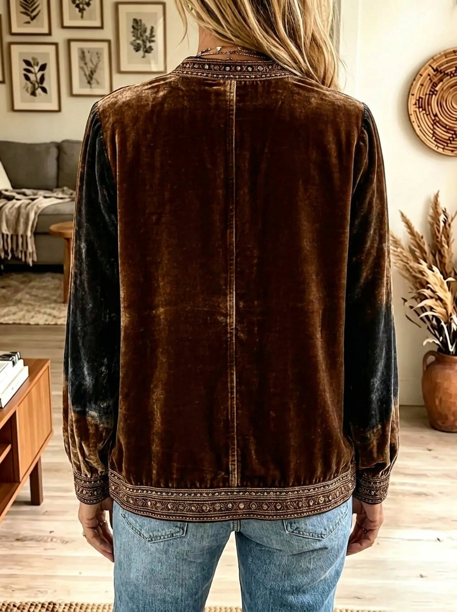 Multicolor Paisley Floral Embroidered Velvet Zip Up Jacket 2