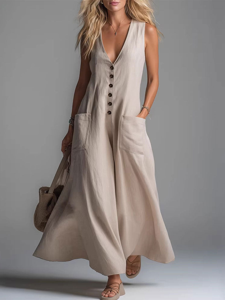 V-Neck Sleeveless Button Front Patch Pocket Flowy A-Line Maxi Dress 2