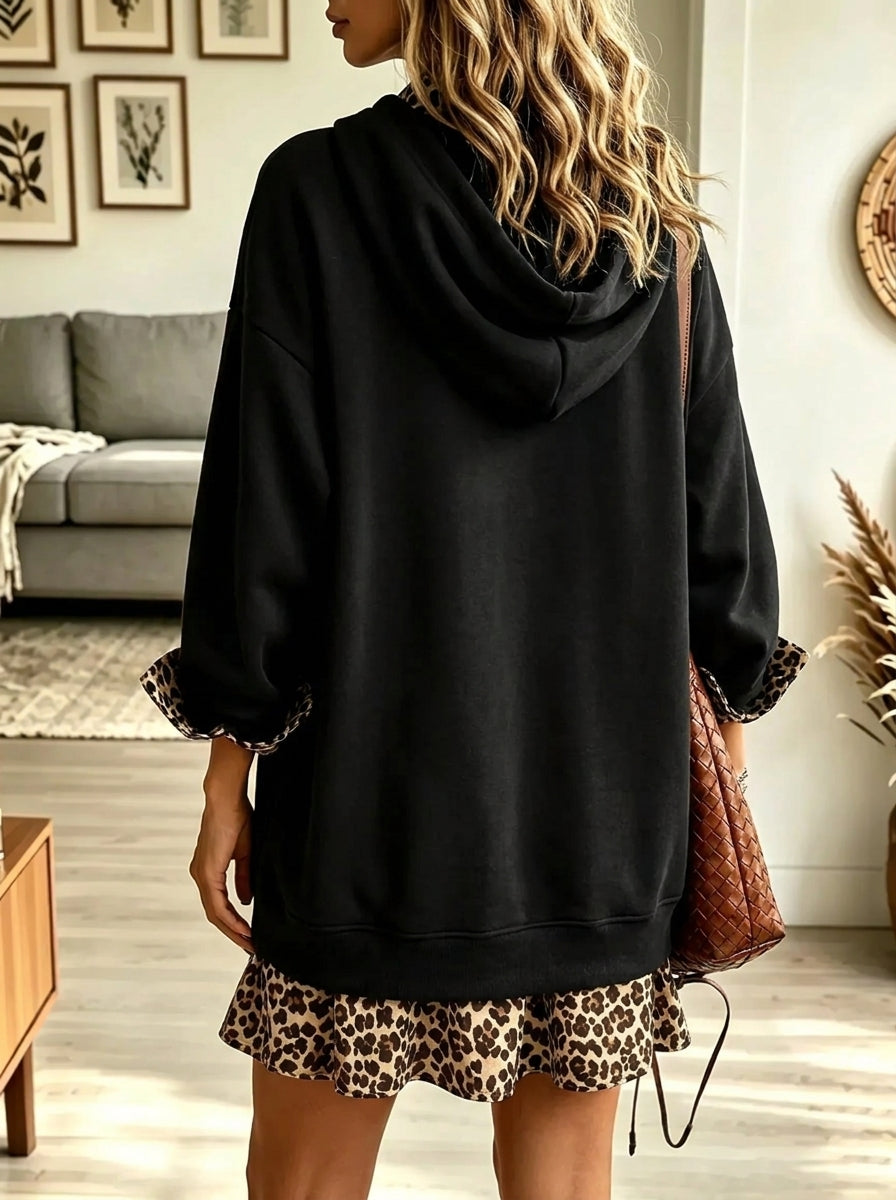 Black Collared Leopard Contrast Trim Oversized Sweatshirt Mini Dress 2