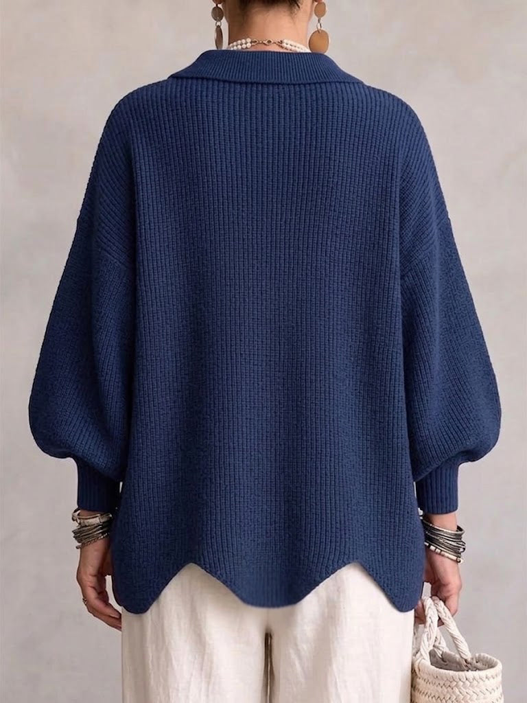 Collared Ribbed Knit Gold Button Lantern Sleeve Oversized Cardigan 2