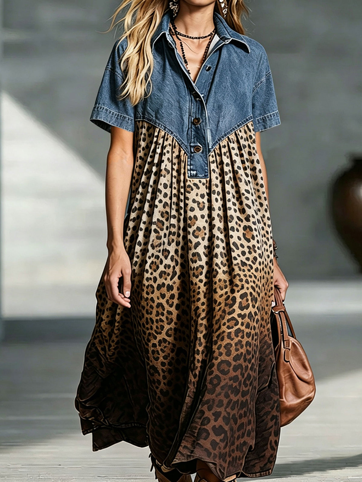 Brown Collared Denim Spliced Leopard Print Short Sleeve Maxi Dress