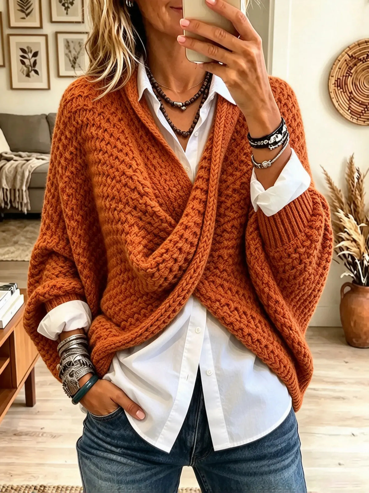 Orange Cross Front Chunky Cable Knit Batwing Poncho Sweater