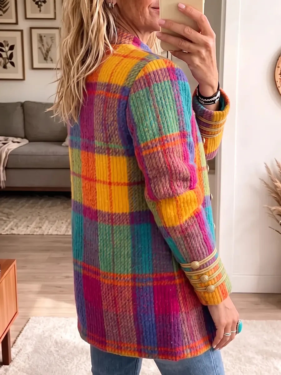 Multicolor Stand Collar Plaid Knit Double Breasted Military Button Jacket 2
