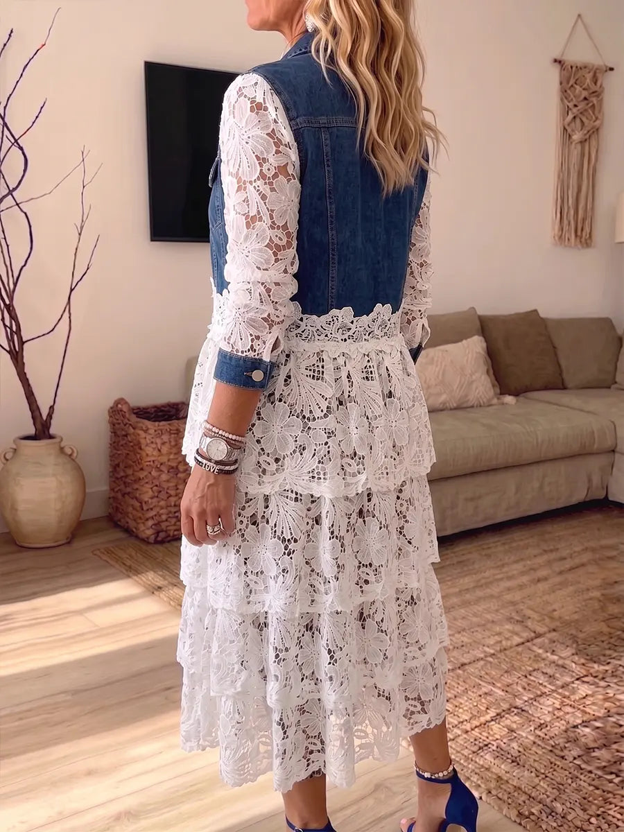 Blue Collar Lace Patchwork Tiered Ruffle Denim Jacket 2
