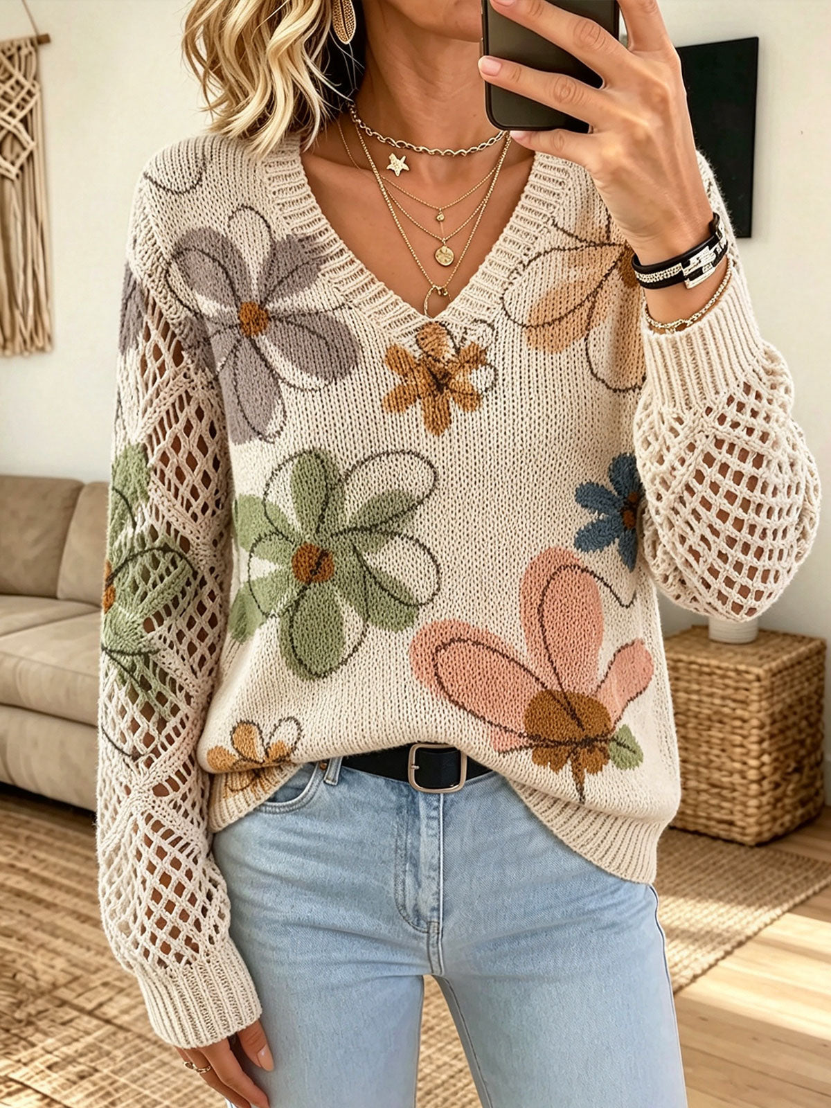 V-Neck Floral Crochet Hollow Sleeve Knit Sweater