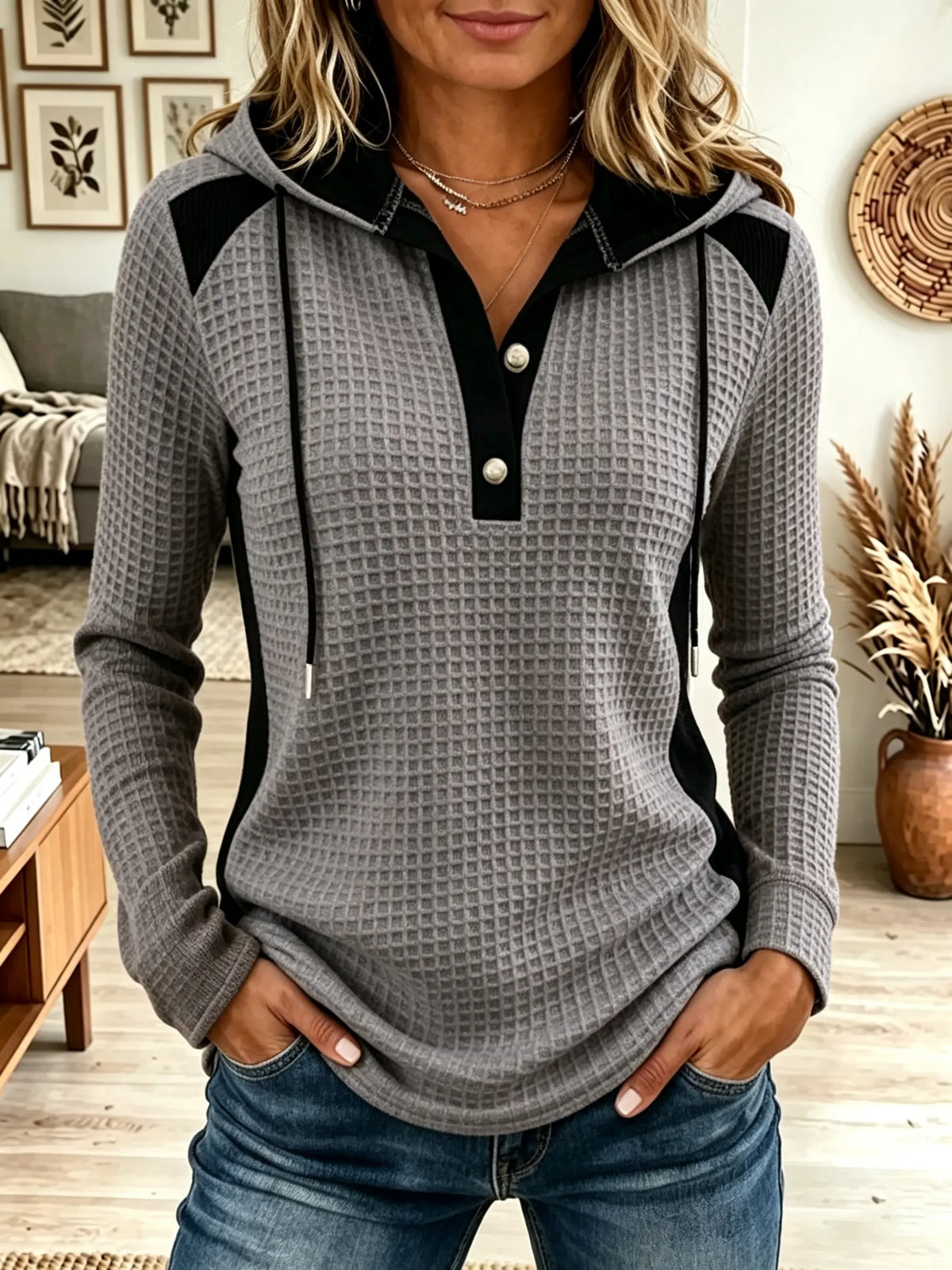Waffle Knit Colorblock Button Henley Hooded Sweatshirt