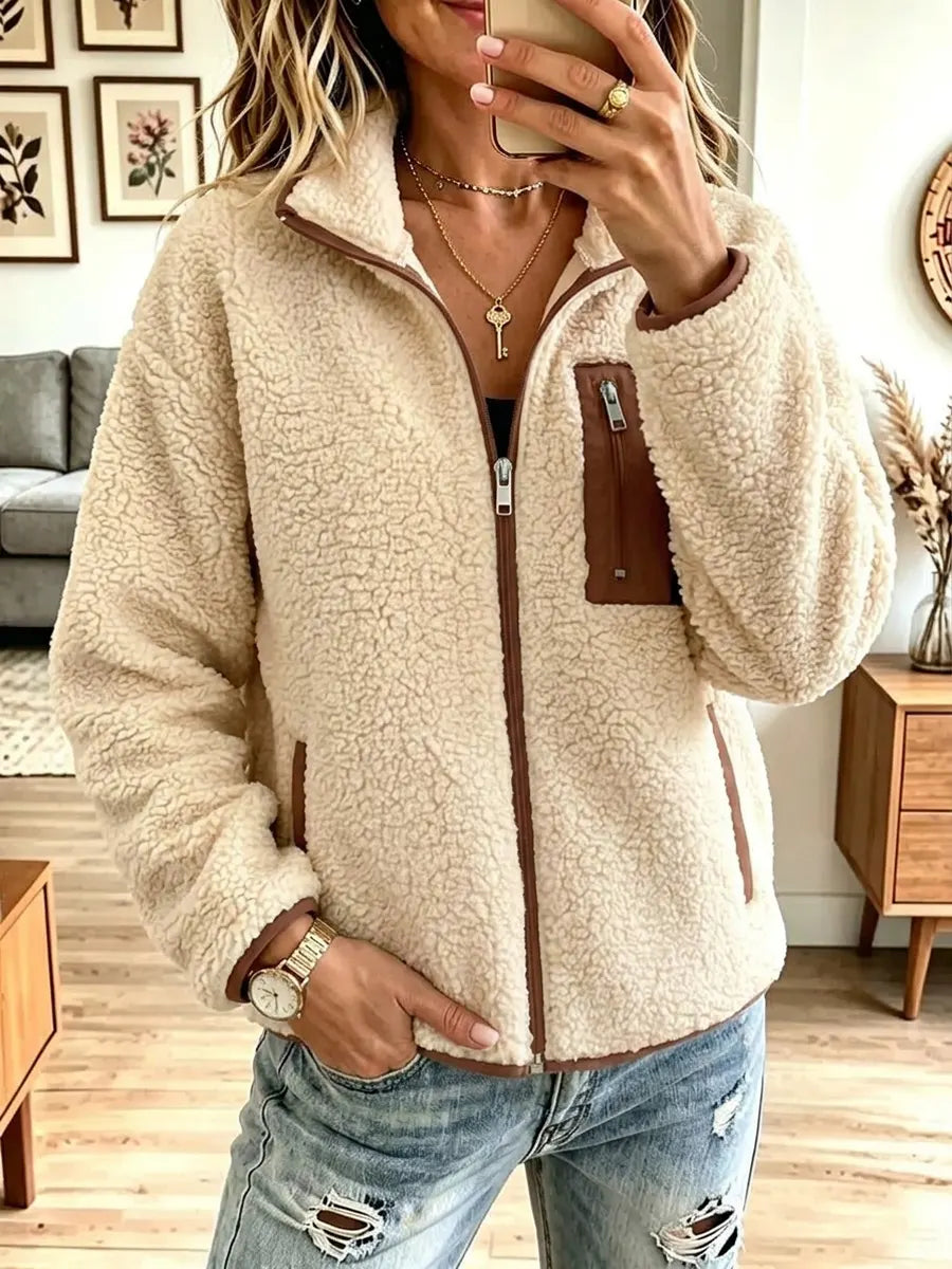 Stand Collar Teddy Fleece Zip-Front Pocket Jacket