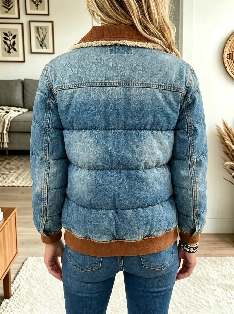 Blue Spread Collar Sherpa Lined Corduroy Trim Denim Puffer Jacket 2
