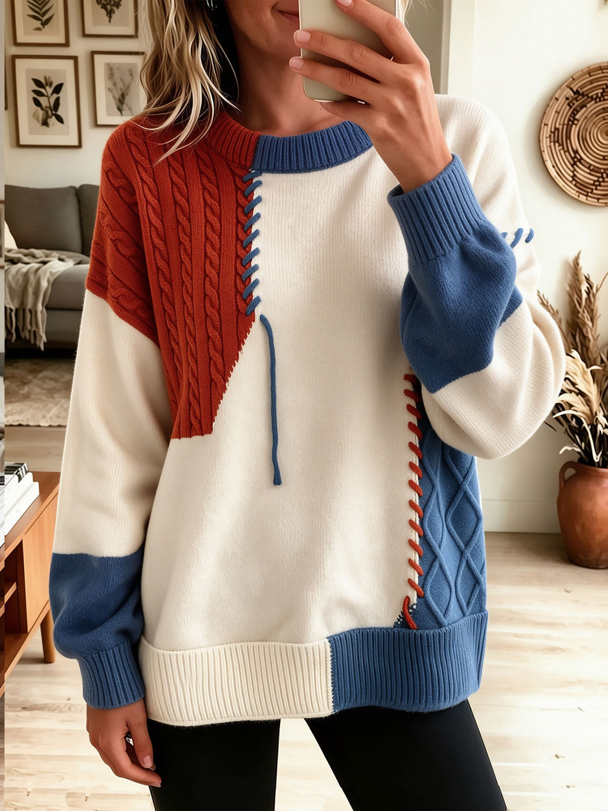 Orange Crew Neck Color Block Cable Knit Whipstitch Oversized Sweater