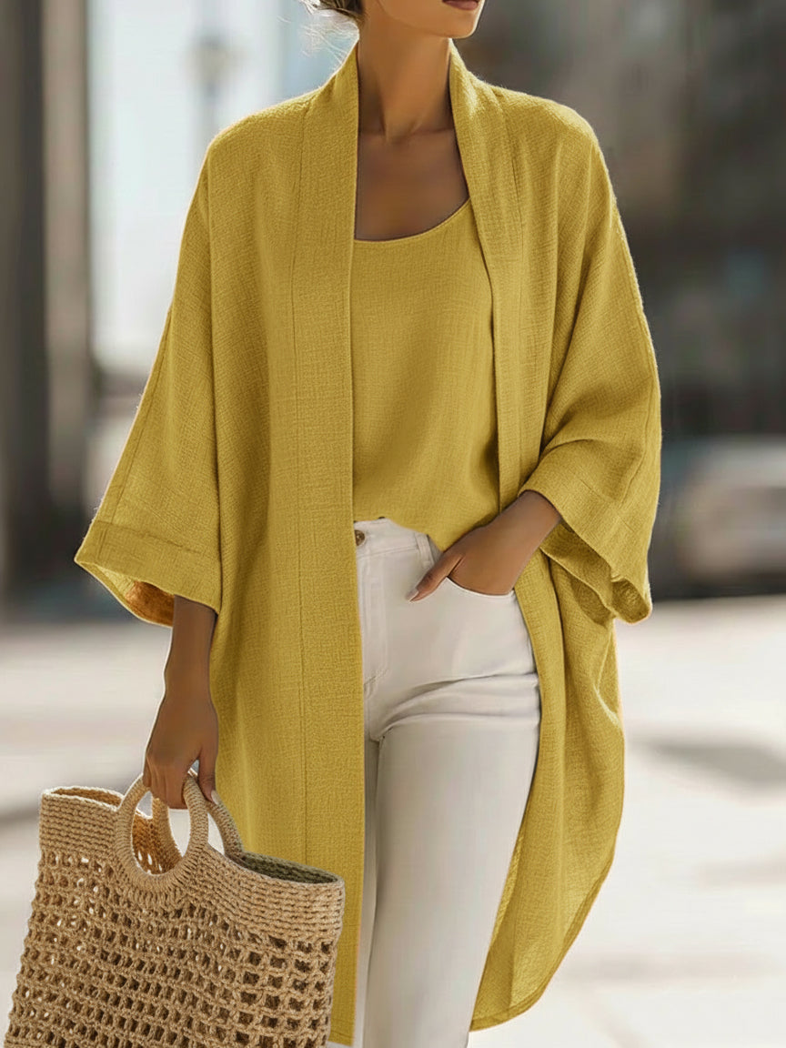 Open Front Batwing Sleeve Linen Cardigan Set 5