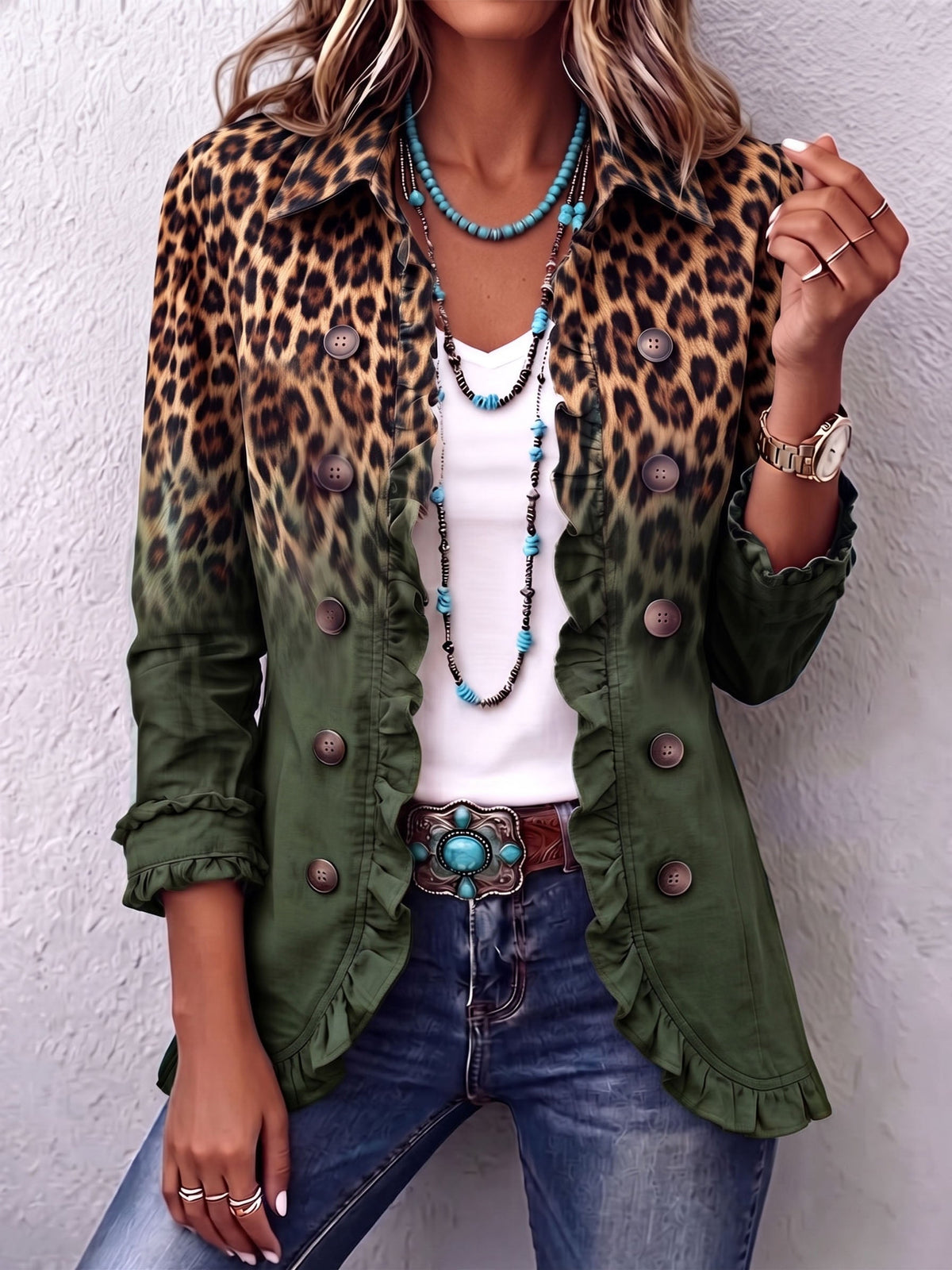 Lapel Collar Leopard Ombre Ruffle Trim Button Blazer 7