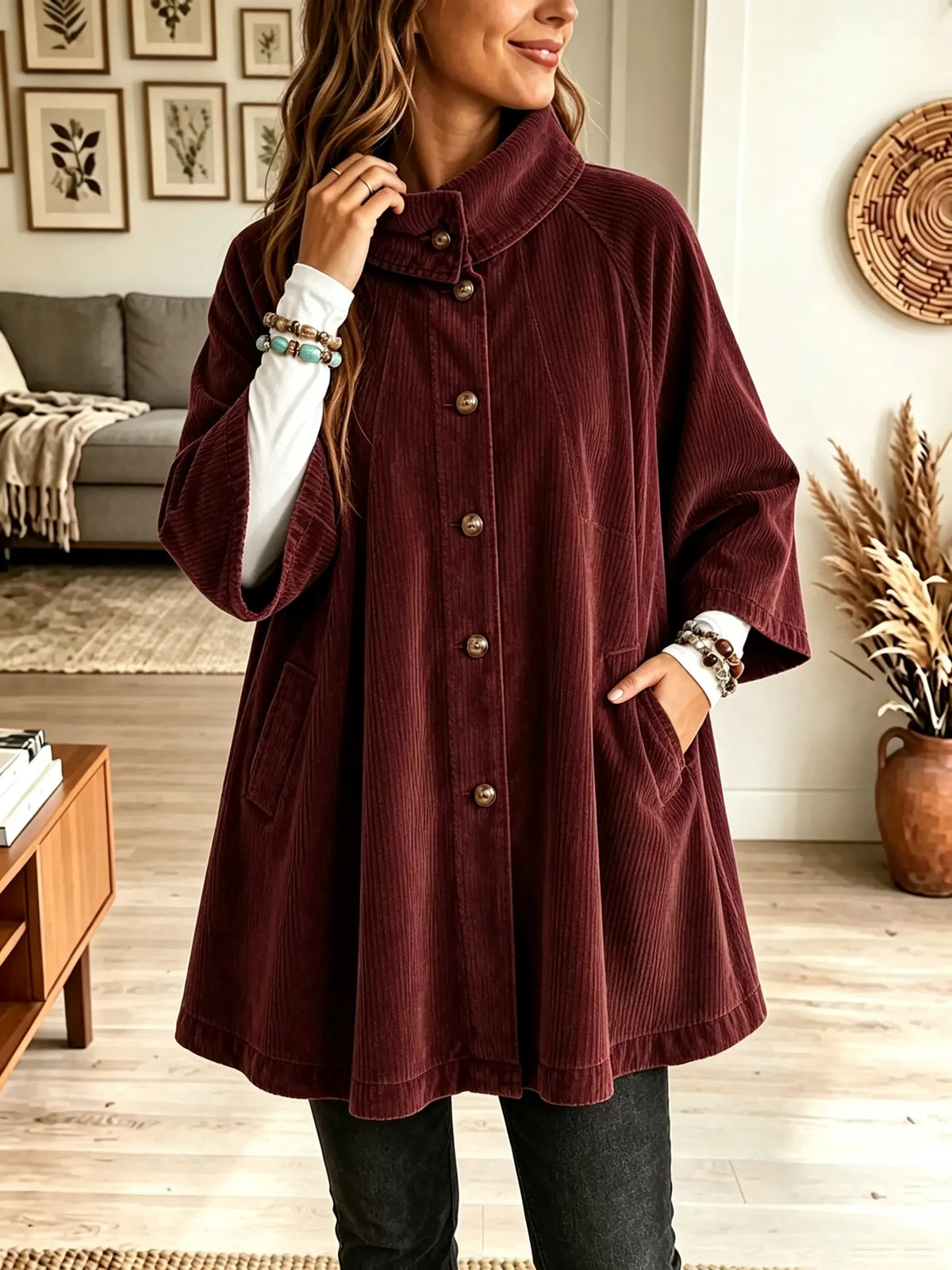 Stand Collar Button Front Oversized Corduroy Poncho Coat 5