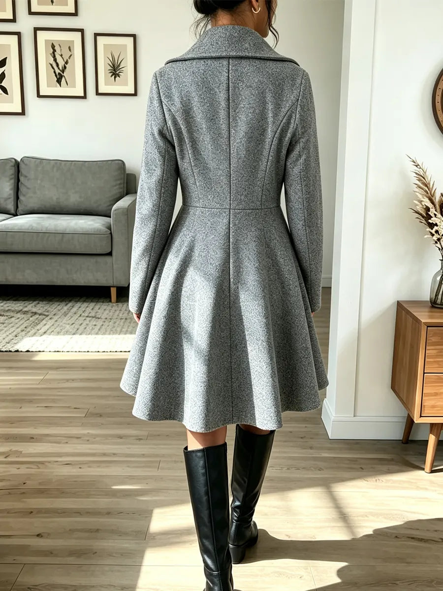 Notched Lapel Double Breasted Pleated Fit Flare Wool Coat 3