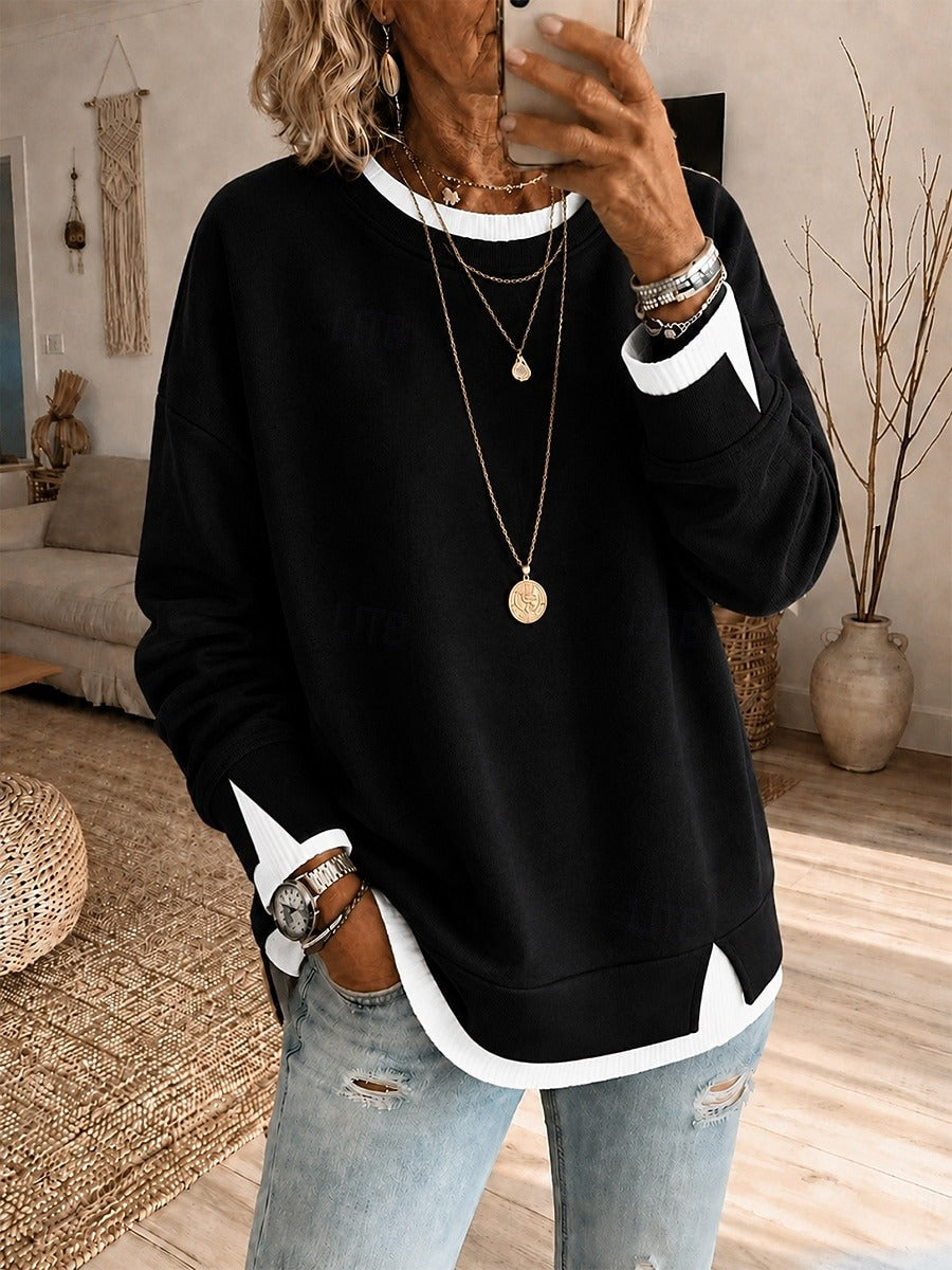 Crewneck Contrast Layered Hem Side Slit Sweatshirt 4