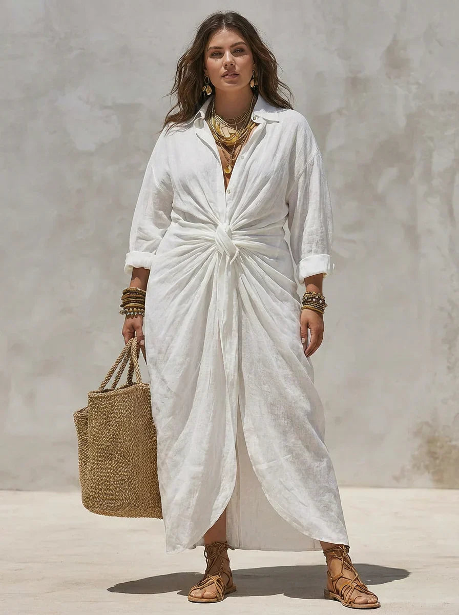 Collared Button Front Long Sleeve Linen Twist Knot Shirt Maxi Dress