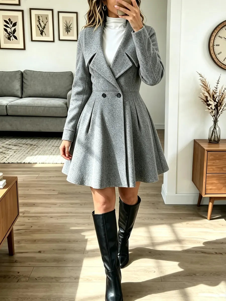 Notched Lapel Double Breasted Pleated Fit Flare Wool Coat